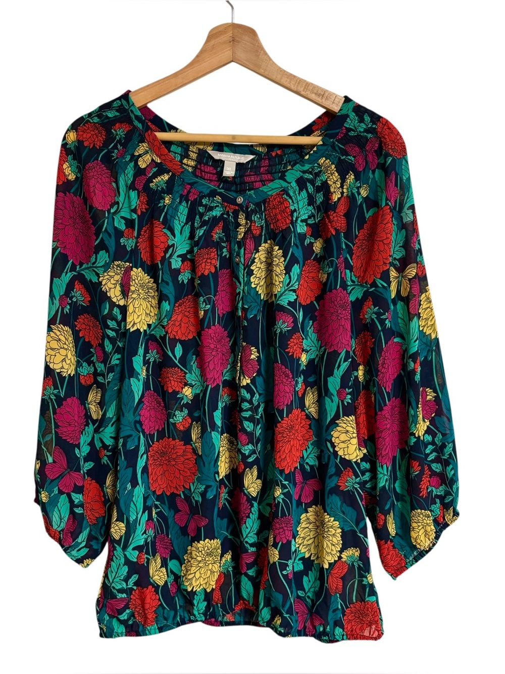 Banana Republic colorful floral print sheer 1/2 button smocked peasant blouse XL